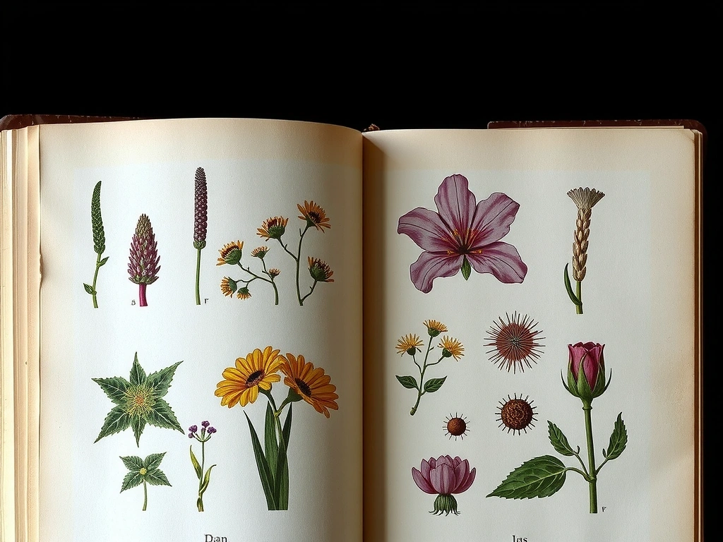 Illustrazione stilizzata di un antico erbario italiano con fiori e piante medicinali