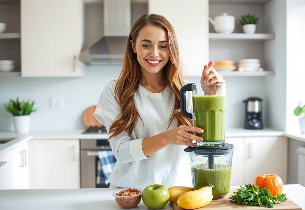 Donna sorridente che prepara un frullato salutare in una cucina moderna