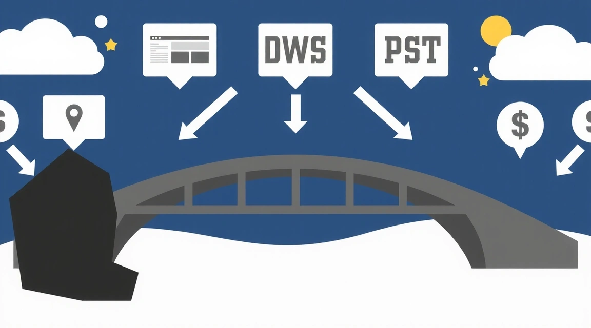 Un'illustrazione di un ponte digitale che collega diverse isole web, simboleggiando i collegamenti a siti di terze parti e la navigazione online.